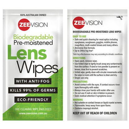 144 Biodegradable Pre-moistened ZEE VISION Lens Wipes with anti-fog (Box of 6)